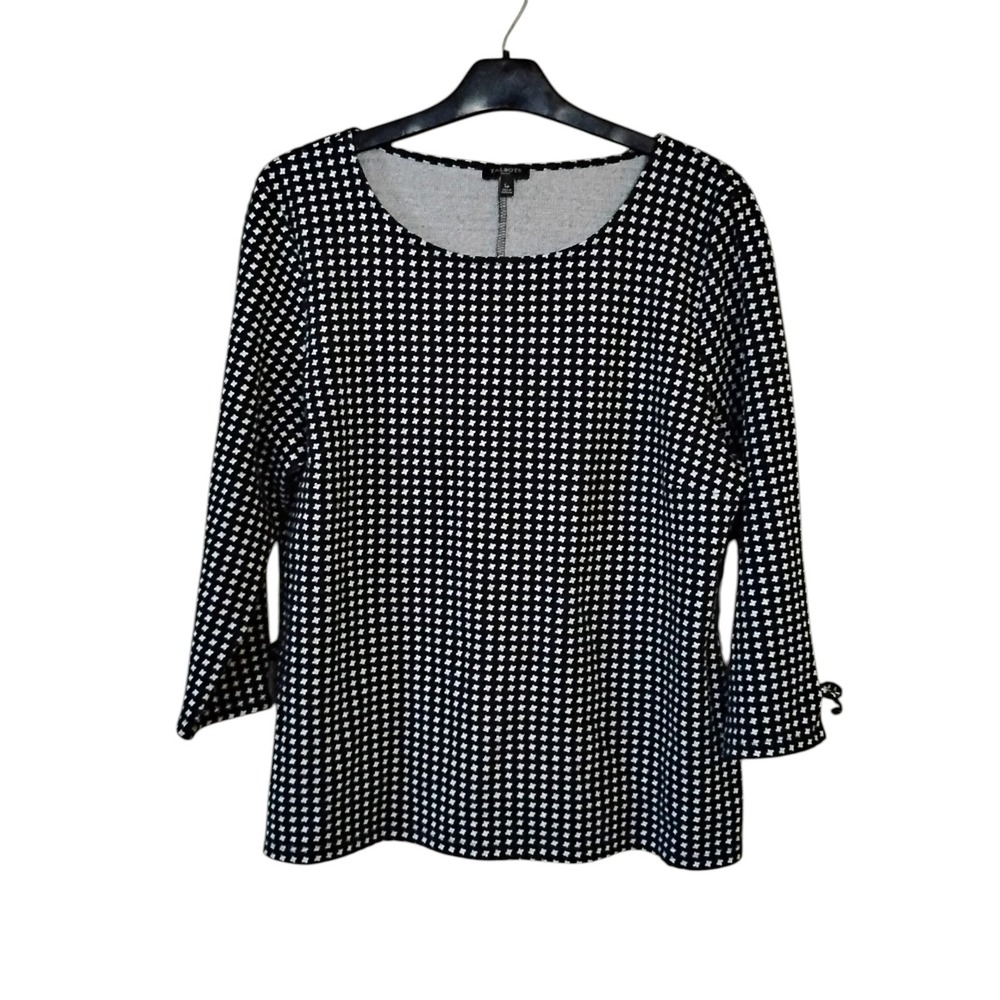 Talbots Petites Black White Geometric Knit Top 3/4 Sleeve Tie Cuff LP